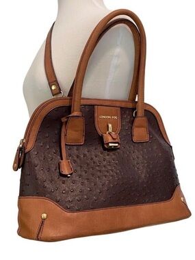 London Fog Brown & Tan Vegan Ostrich Leather Satchel Handbag With Shoulder